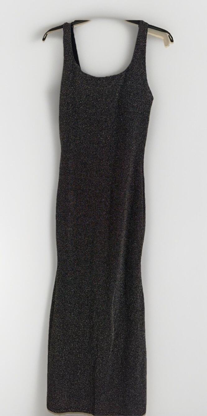 Women's Silver Metallic Shimmer Sleeveless Maxi Dress Bodycon Stretch Party L